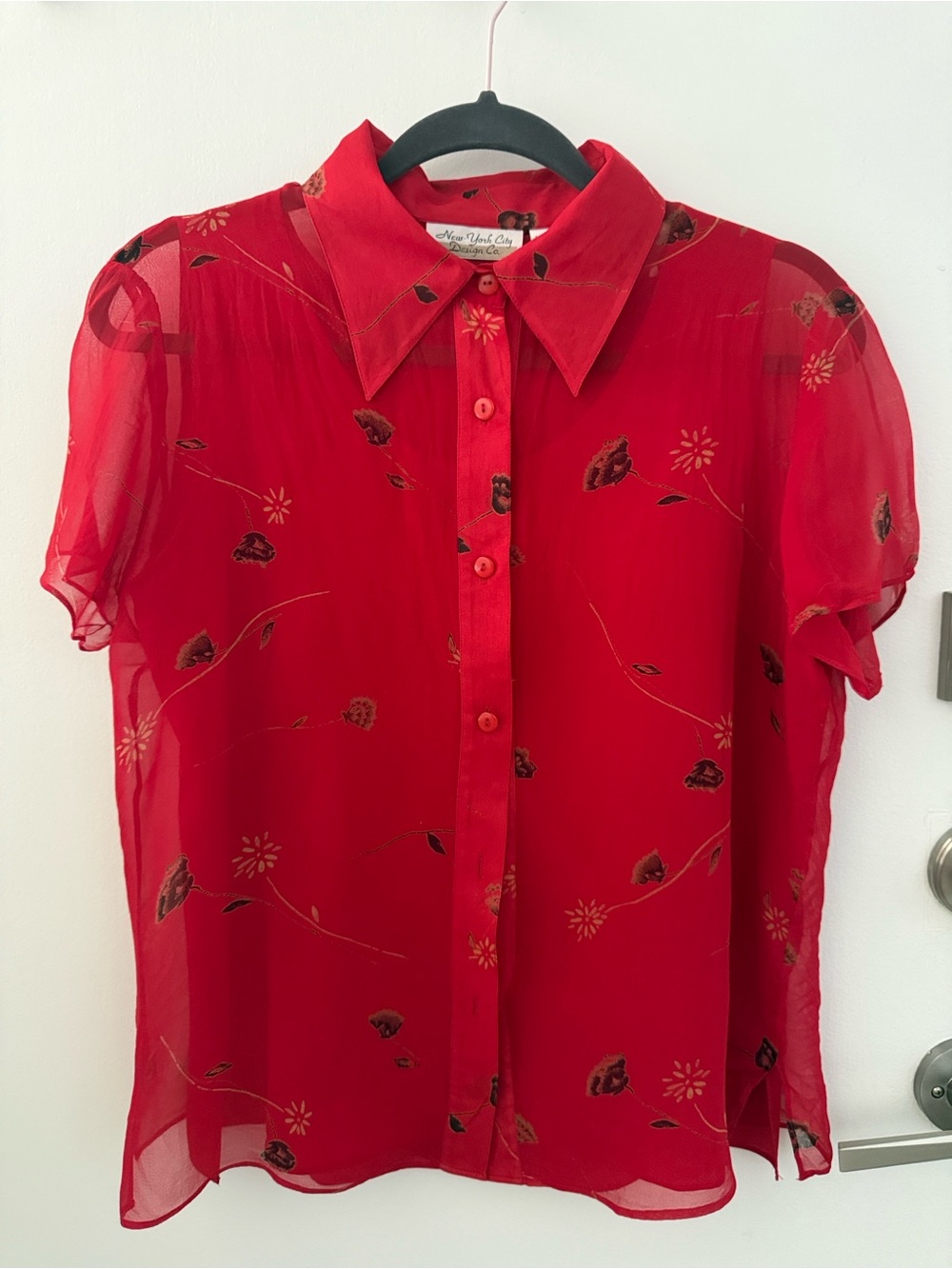 Sheer Red Floral Button-Up Blouse with Short Puff Sleeves